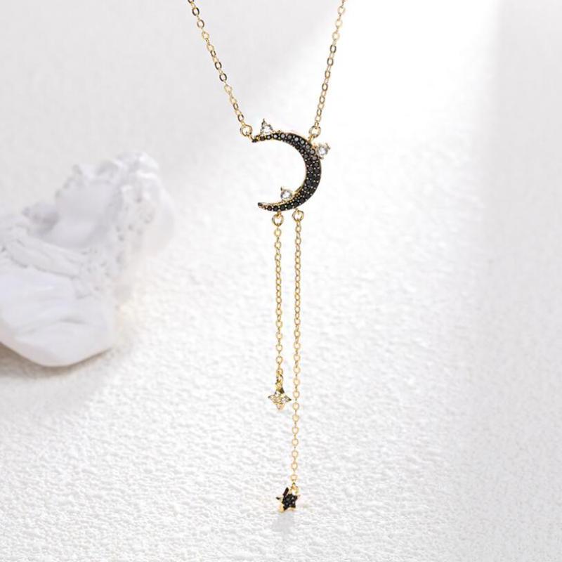 Nouveautés 925 argent Sterling étoile lune gland colliers pendentifs avec Zircon noir CZ pavé pour les femmes sterling-argent-bijoux