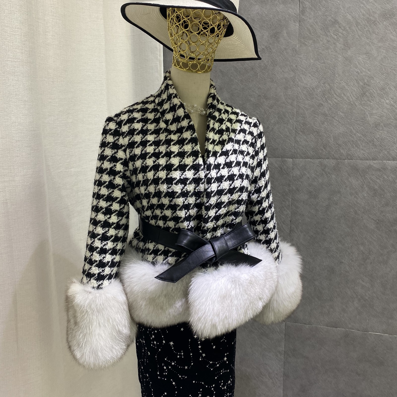 

New Winter Houndstooth Coat with Real Fox Fur Sleeves Hem Wool Mixtures Outerwear Ladies Streetwea D8lh, Big check