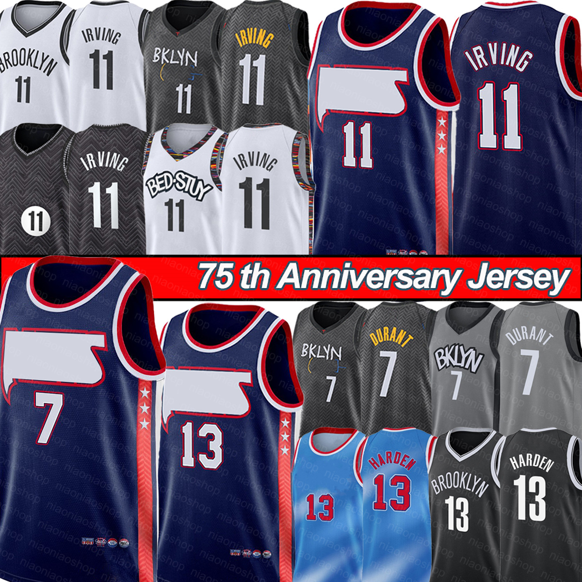 

Kevin 7 Durant Basketball Jersey Irving 11 Kyrie 13 Harden Mens T-shirt Brooklynes City 75th Anniversary Net Black Blue Uniform 2022 New Season