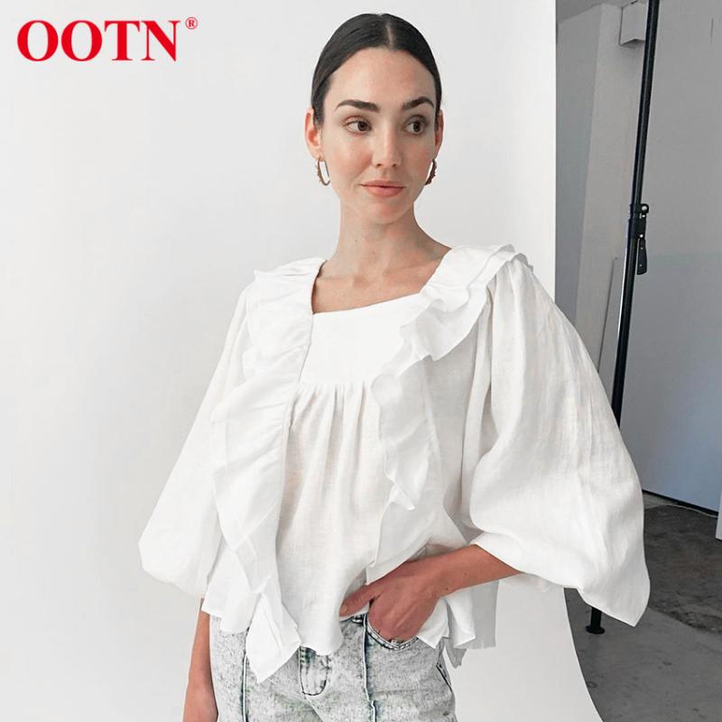 

OOTN Three Quarter Lantern Sleeve Top Female Ruffle Women Shirt Cotton White Blouse Ladies Square Collar Office Shirt Blouse, Blue
