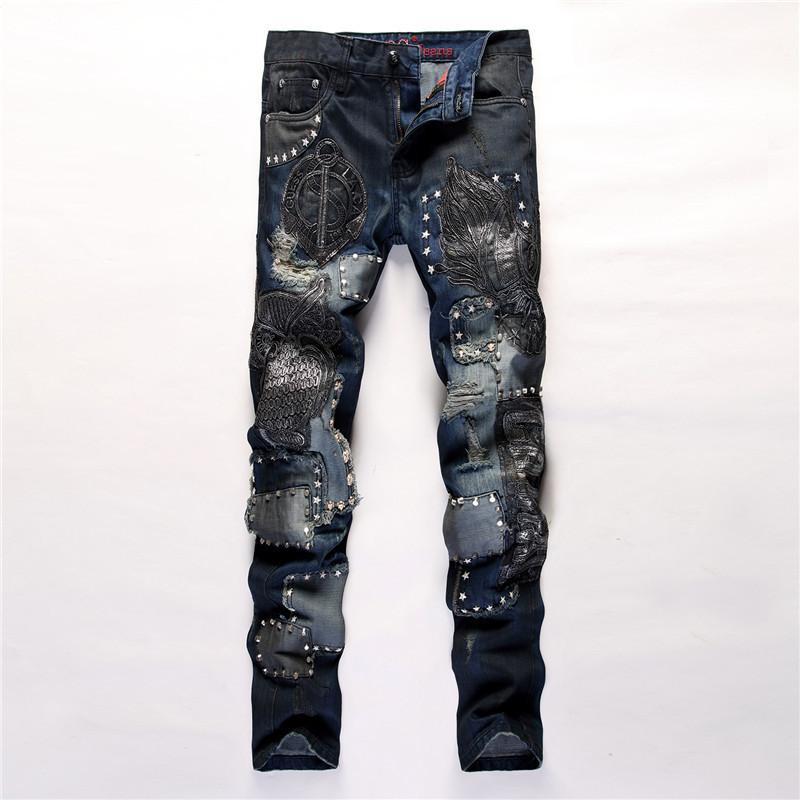 

Embroidery Ripped Denim Pant Knee Hole Zipper Motocycle Biker Jeans Men Slim Skinny Destroyed Torn Jean Pants Hip-Hop 809#, 809