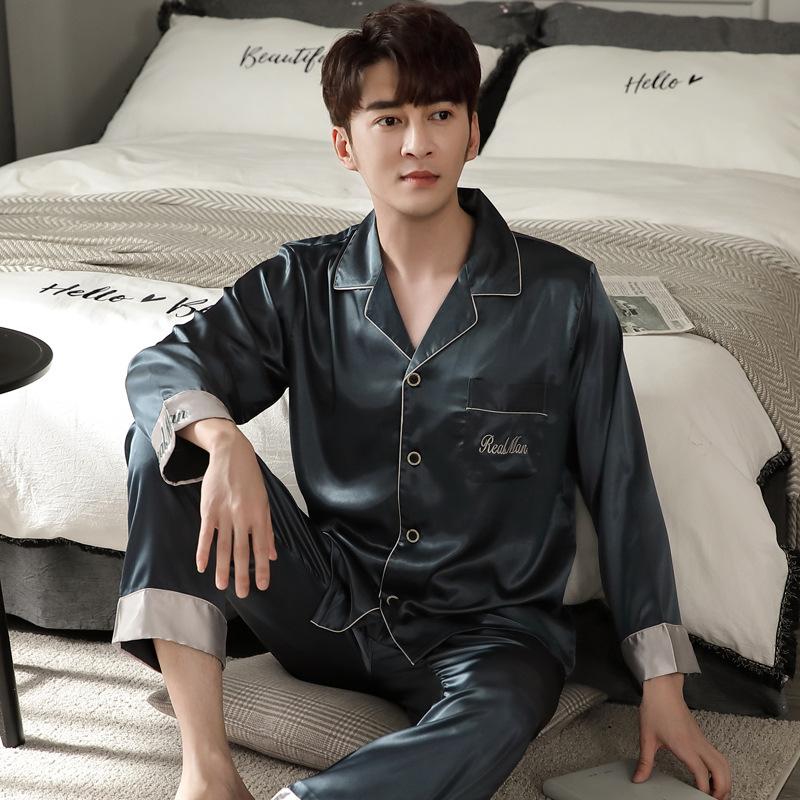 

Spring and Autumn Men's Silk Pajamas Thin Ice Silk Pigiama Tuta Uomo Lapel Casual Cardigan Korean Home Clothes Two-piece Suit, 326310