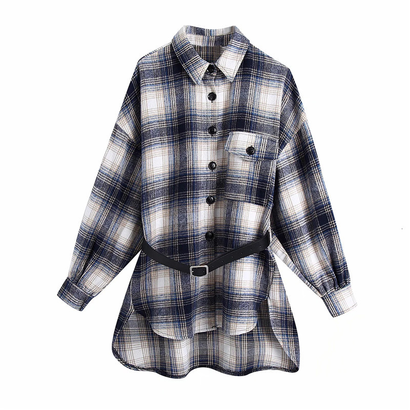 

2021 New Blouse Women Fashion with Belt Plaid Button Up Shirt Woman Vintage Lapel Collar Long Sleeve Loose Casual Ladies Tops K536