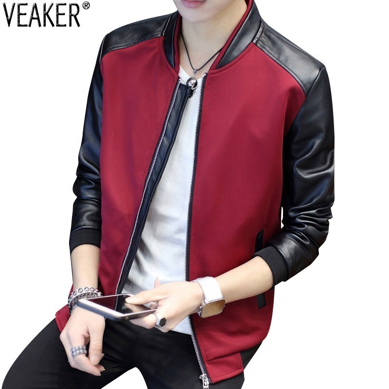 

2019 Autumn New Men's Leather Patchwork Jackets Slim Fit Round Neck Black Casual Leather Jacket Outerwear Overcoat M-3XL, Solid black