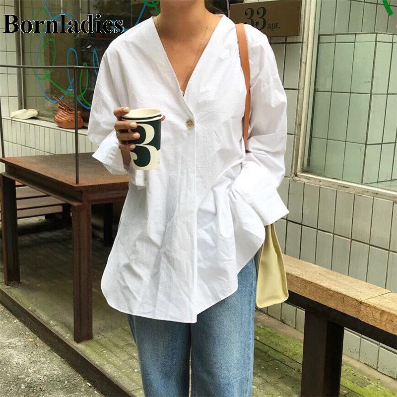 

Bornladies Full Sleeves Split Chic Vintage V-Neck New Minimalist Women Streetwear Tops Solid Casual Hot Shirts Loose Shirts, Blue