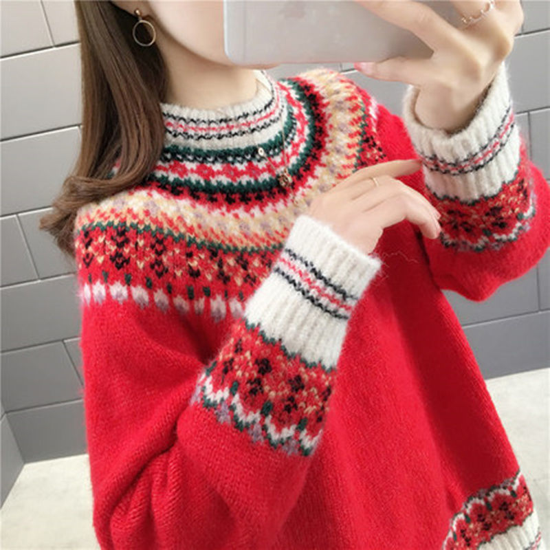 

Christmas New Year's Ethnic Knitted Female Artistic pullover around the retro jacquard neck crocheted fashion bottomming shirt, Kiss