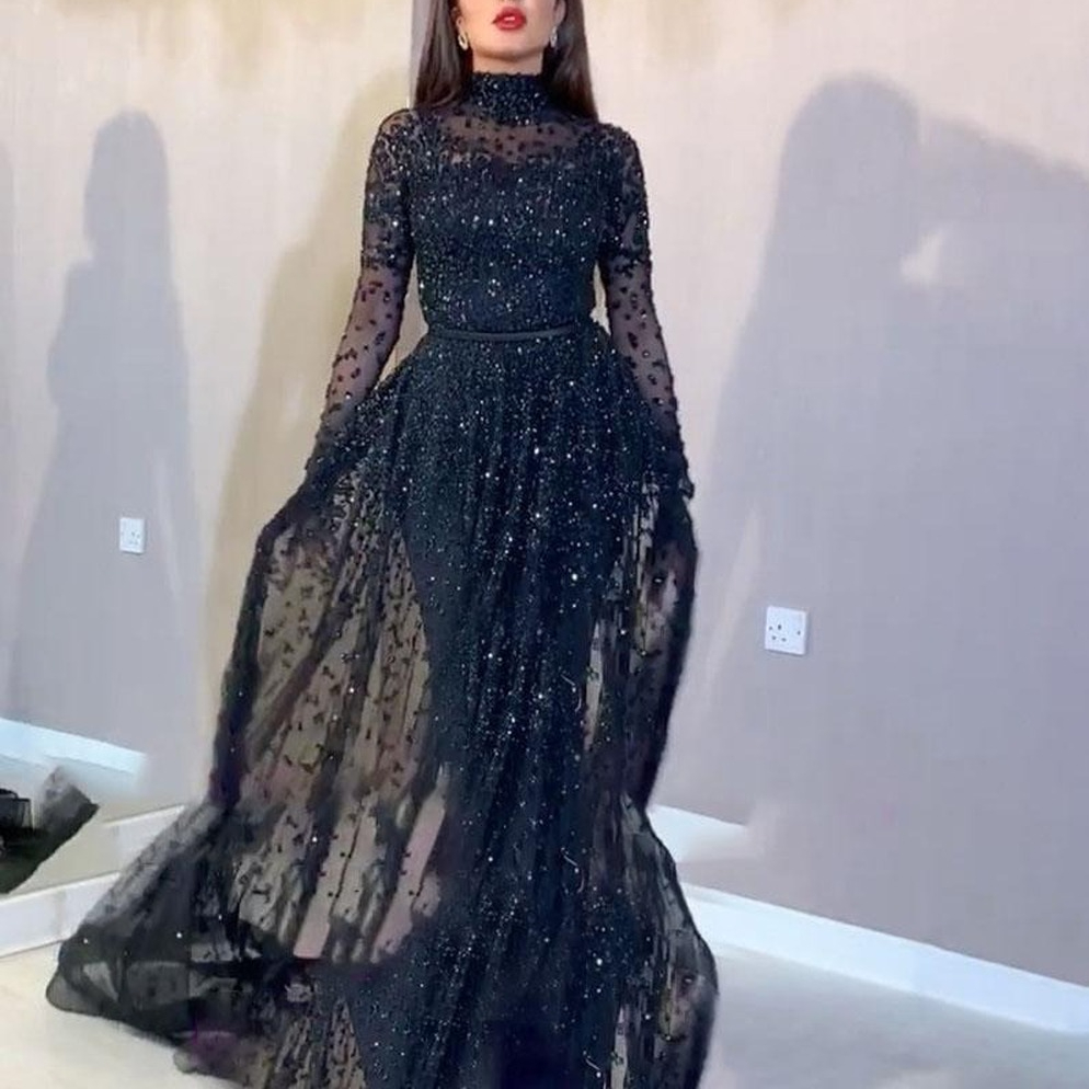 Bling Bling Crystals Kaftan Prom Dresses 2019 Long Sleeves Yousef Aljasmi High Neck Black Chiffon Arabic Ladies Evening Party Gowns Custom