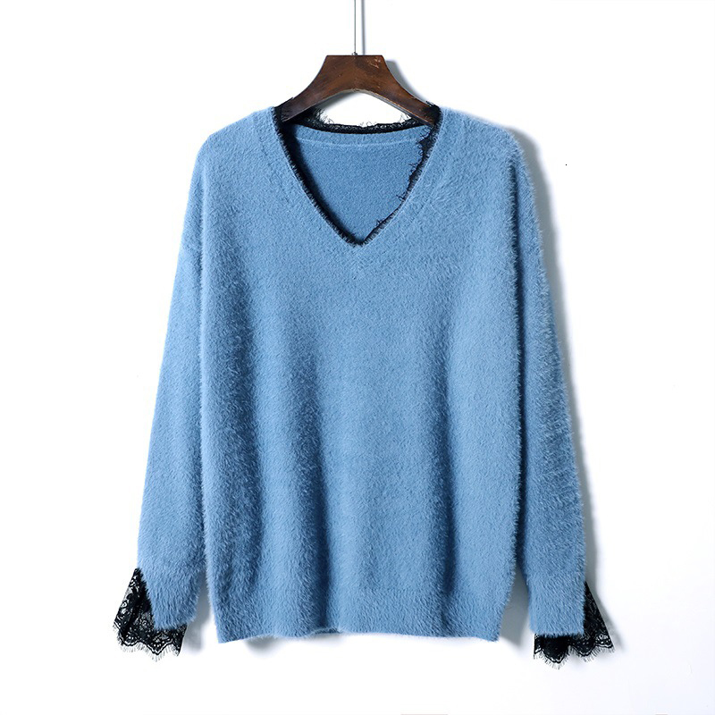 

2021 New Lace Stiching Women v Neck Sweater Autumn Winter Long Sleeve Woman Pullovers Top Elegant Knitted Female Jumper Christmas 5jrp, Yellow
