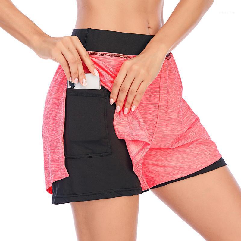 

Womens Casual Comfort Double Layers Yoga Pants With Pockets High Elastic Waist High Stretchy For Gym Running Sports Shorts1, Coffee