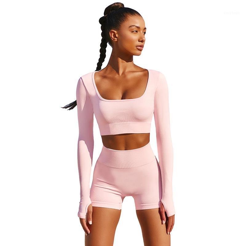 

Yoga Set Women Two 2 Piece Pink Long Sleeve Crop Top T-Shirt Shorts Sexy Sportsuit Workout Outfit Gym Sport Set Gym Suit1, Pink set