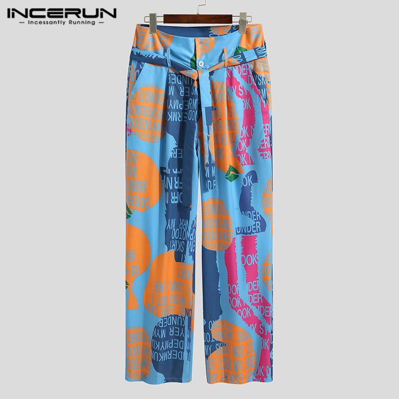 

INCERUN Printed Pants Men High Waist Floral Trousers Loose Vocation Hawaiian Wide Leg Pantalones Man Lace Up Casual Pants -5XL, Blue