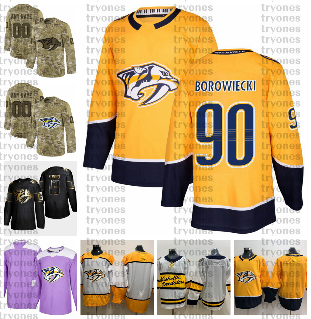 

2021 Customize #90Mark Borowiecki Nashville Predators Jerseys Golden Edition Camo Veterans Day Fights Cancer Custom Stitched Hockey Jerseys, Yellow
