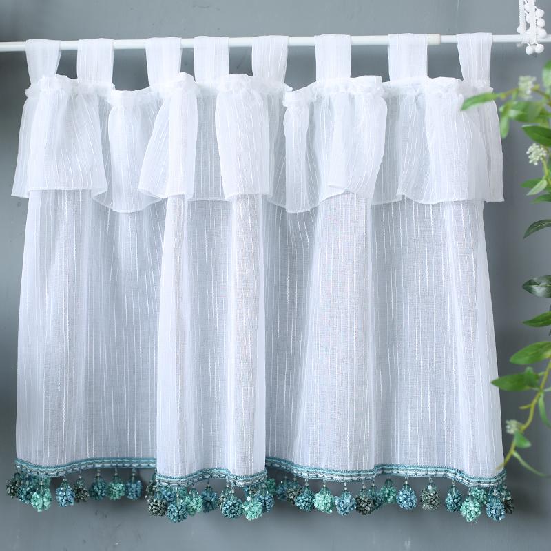 

DUNXDECO Short Curtain For Kitchen Door Half Cortinas Fresh Mediterranean White Sheer Curtain Romantic Green Little Balls Rideau, As pic