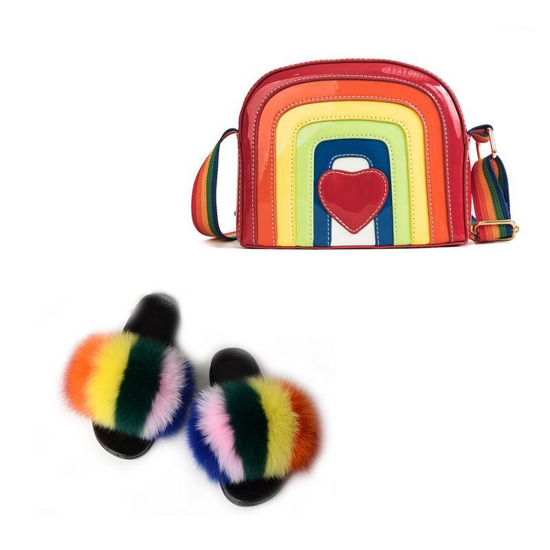 

Fashion Ladies Vintage Messenger Pack Female Purse Luxury Handbag Rainbow Shoulder Bag With Fur Slippers Women Fur Slides1