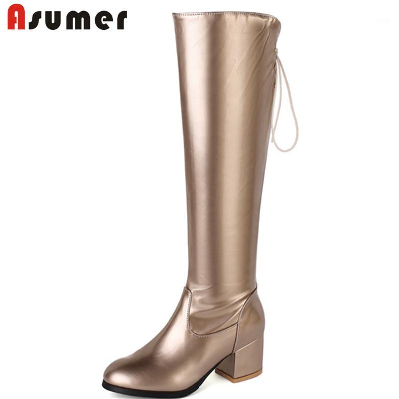 

ASUMER 2020 plus size 45 women knee high boots solid colors zip round toe high heels fashion autumn winter long boots female1, Gold