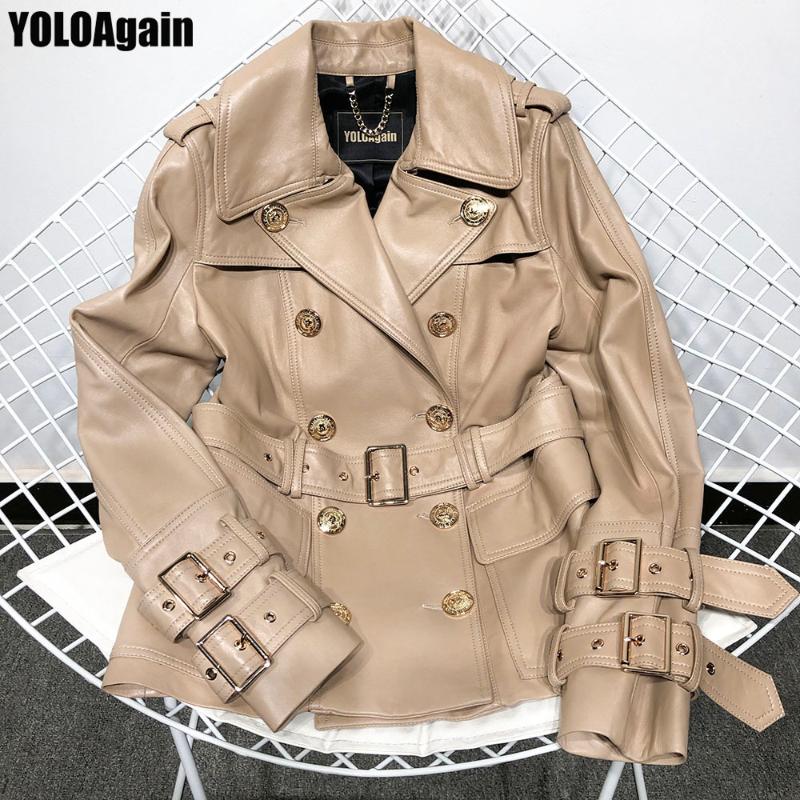 

YOLOAgain women genuine leather jacket ladies double breasted real leather blazer, Black
