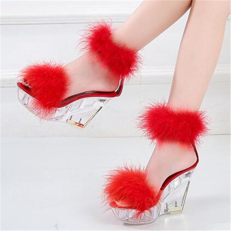 

New Female Sandals Women Platform Model T Stage Shows 2021 Summer Wedges Sexy High Heels 10cm Shoes Feathers Bride Wedding Shoes, Sky blue