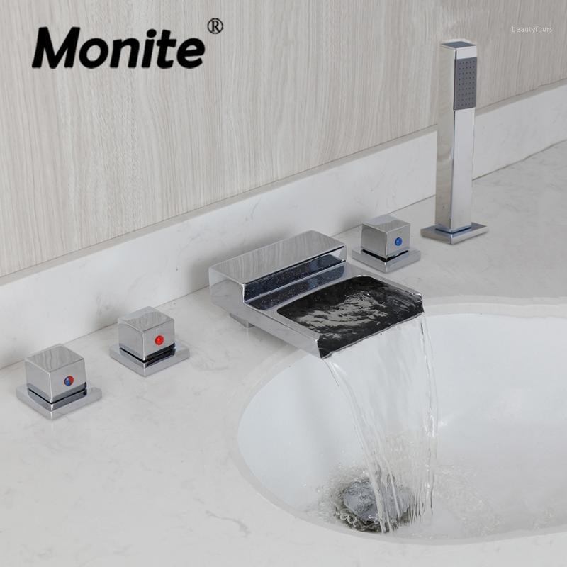 

Monite Solid Brass 5 Pcs Bathtub Sink Faucet Chrome Polished Bathroom Basin Hand Shower Faucet Set Deck Mounted Hot & Cold Mixer1