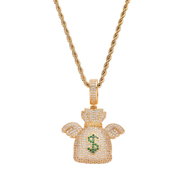 

Brass Setting CZ Hip Hop US Dollar $ Money Bag Pendant Copper Micro pave CZ stones necklace CN279