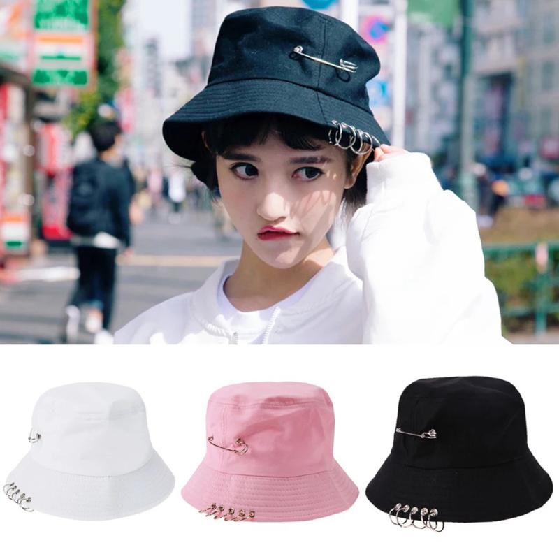 

Hoop Pin Basin Hat Men's And Women's Trendy Summer Harajuku Foldable Sunscreen Sunshade Traveling Fisherman Hat, Pink