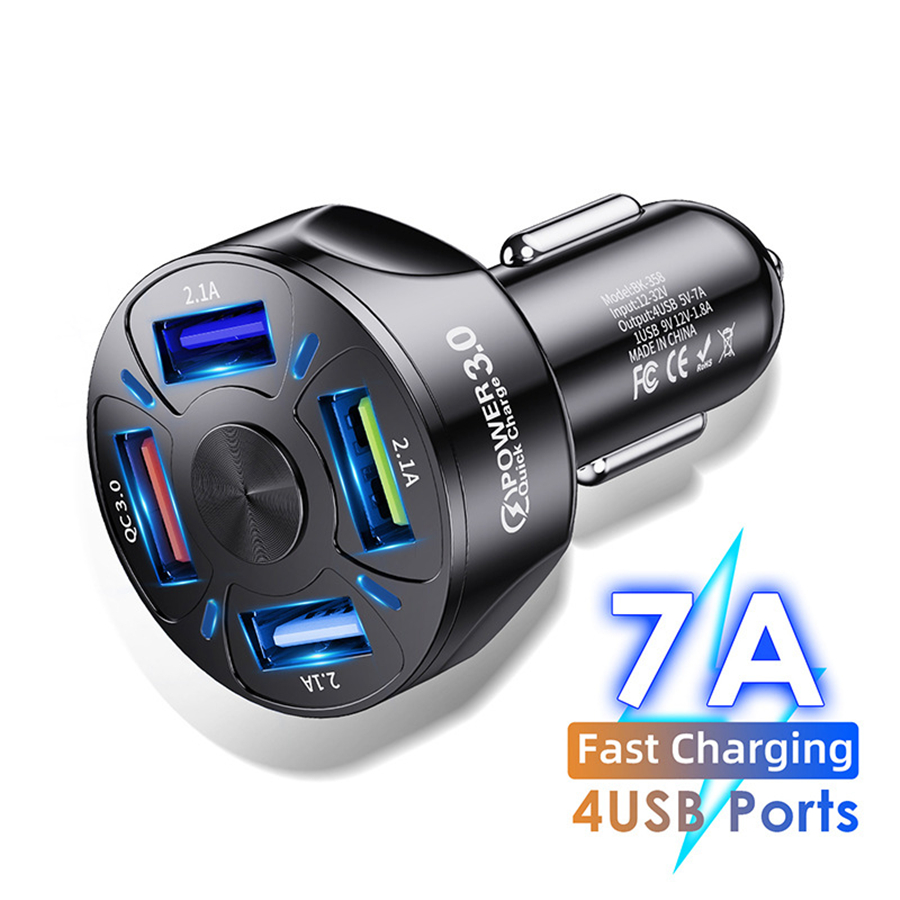 

Car USB Charger 7A 48W 4 port Quick Charge 3.0 4.0 Universal Fast Charging For iphone 12 Pro Max Samsung a31 Car Cigarette Adapter