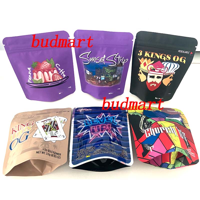 

3.5g mylar smell proof bag Cannakings King louis og The Rare Sunset strip Fresca Level up mylar bag smell proof black mylar bags