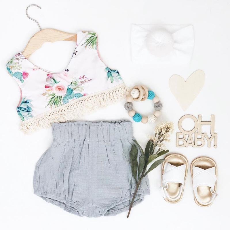 

Baby Toddler Girls Outfits Clothes Set Summer Floral Printed Sleeveless Tassel Tops +PP Shorts Girls Outfits Set meisjes kleding1, White