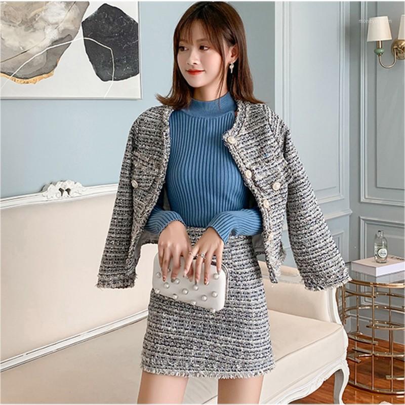 

2020 Autumn Winter French style Tweed 2 Piece Set Single Breasted Woolen cloth Slim Sheath Pencil Skirt Suit Sets1, As picture