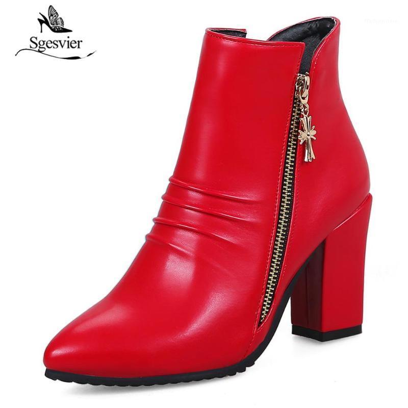 

Sgesvier 2020 New winter ankle boots for women thick heel fashion pointed toe high heel womens boots black red white OX8341
