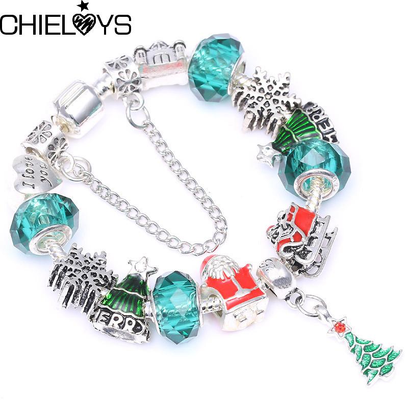 

CHIELOYS European Original Bracelet Green Glass Beads With Christmas Tree Pendant Charm Bracelet Jewelry Fine Christmas Gift, Golden;silver