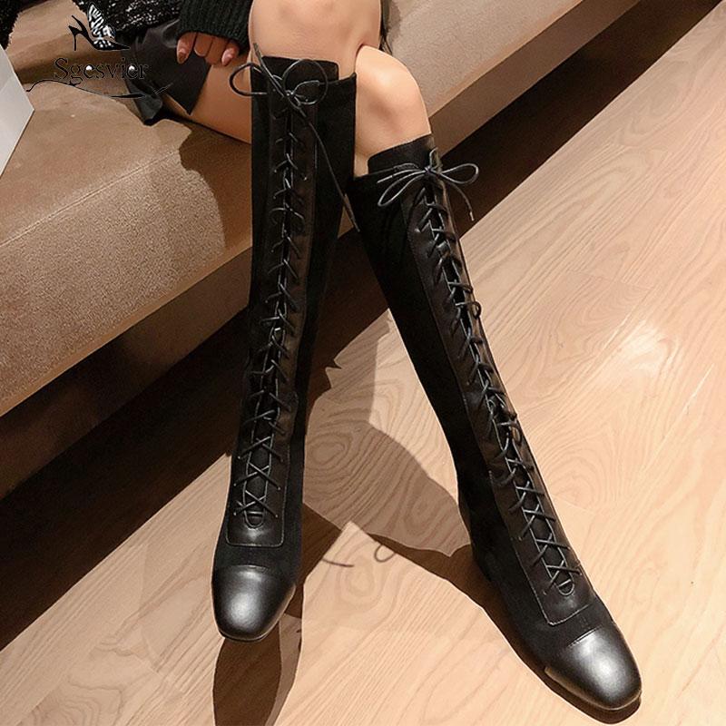 

Sgesvier Women Cross Tied Knee High Boots Winter Newest Sexy Long Boots Night Club Shoes Woman Genuine Leather Warm Flock, Khaki