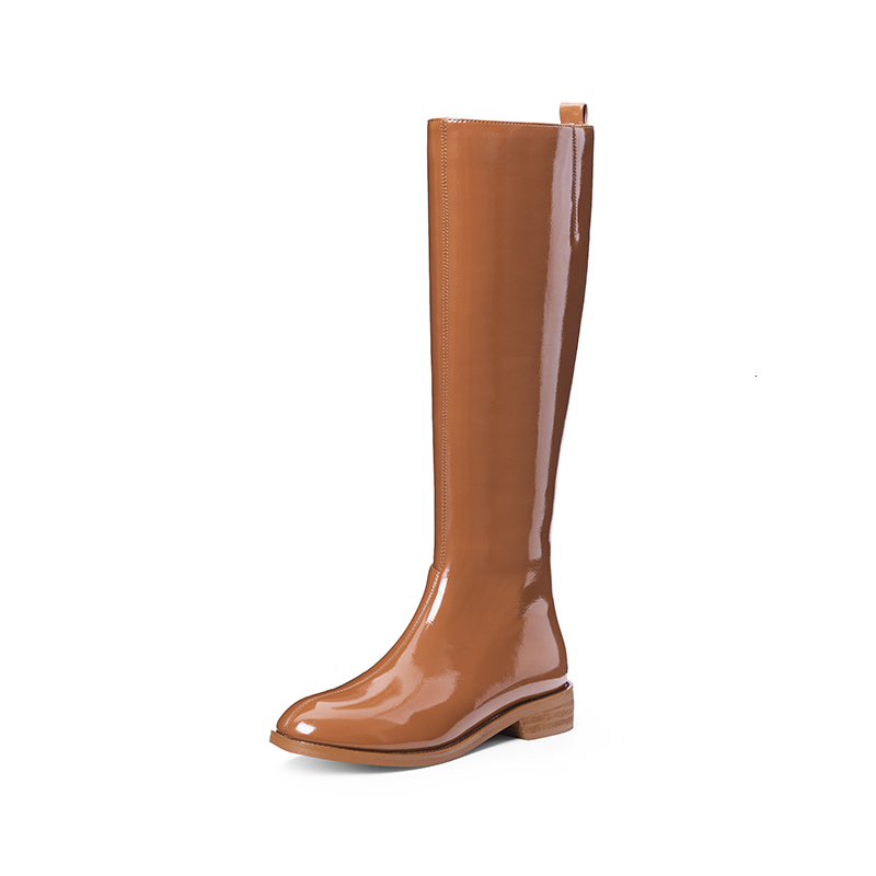 

2021 New Cow Patent Leather Women Knee High Low Square Heels Long Boots Night Club Shoes Woman Autumn Winter Plkw, Beige