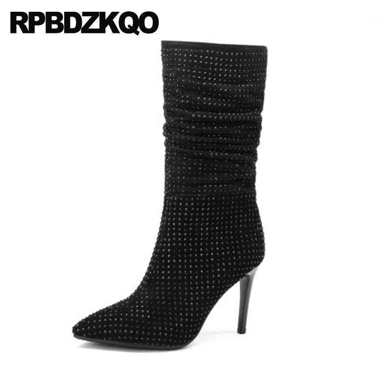 

Boots Brand Women Winter Genuine Leather High Heel Knee Diamond Pointed Toe Bling Sparkly Crossdresser Big Size Stiletto Shoes1, Black