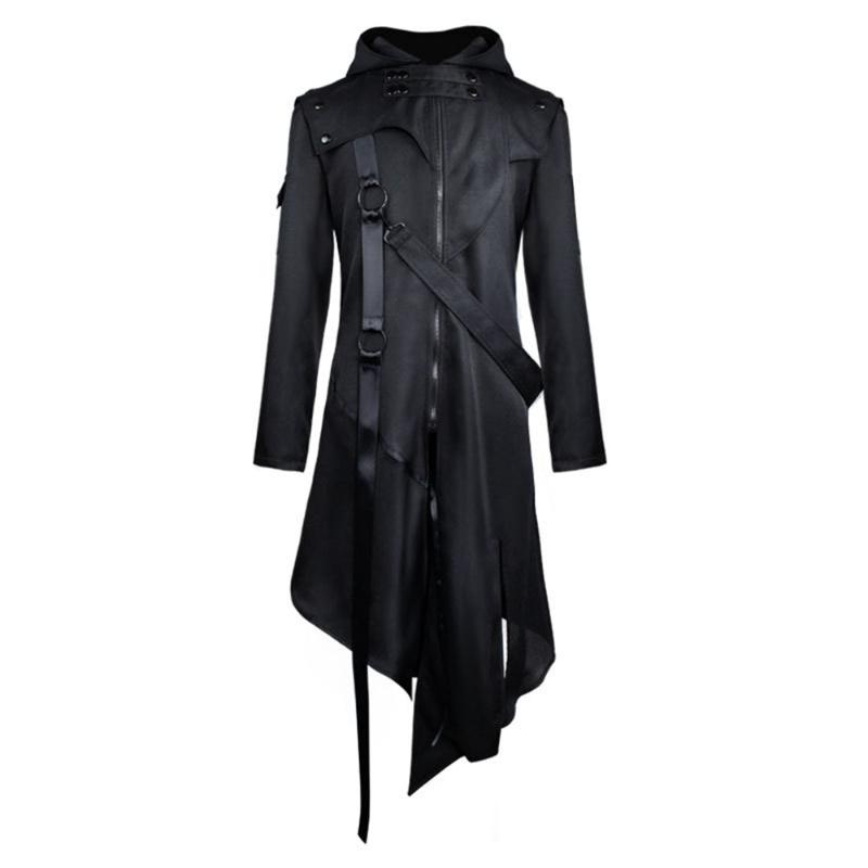 

Men's Trench Coat Gothic Black Goth Asymmetrical Long Jacket Slim Fit Men Strap Hooded Outerwear Autumn Fall Fashion Overcoat
