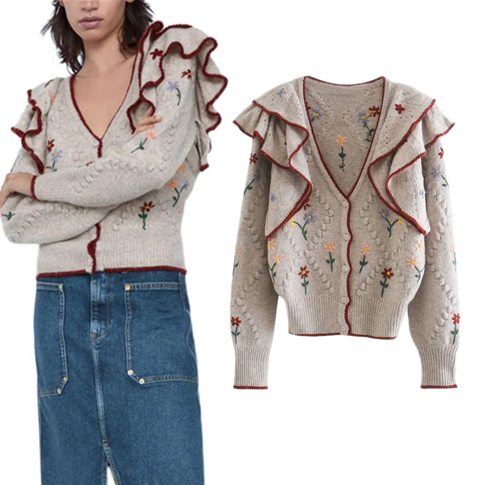 

2021 New Za Vintage Embroidered Autumn with Low-cut V-sweater Retro Ruffled Long-sleeve Long-sleeved Cardigan Ladies Sweater L0dc