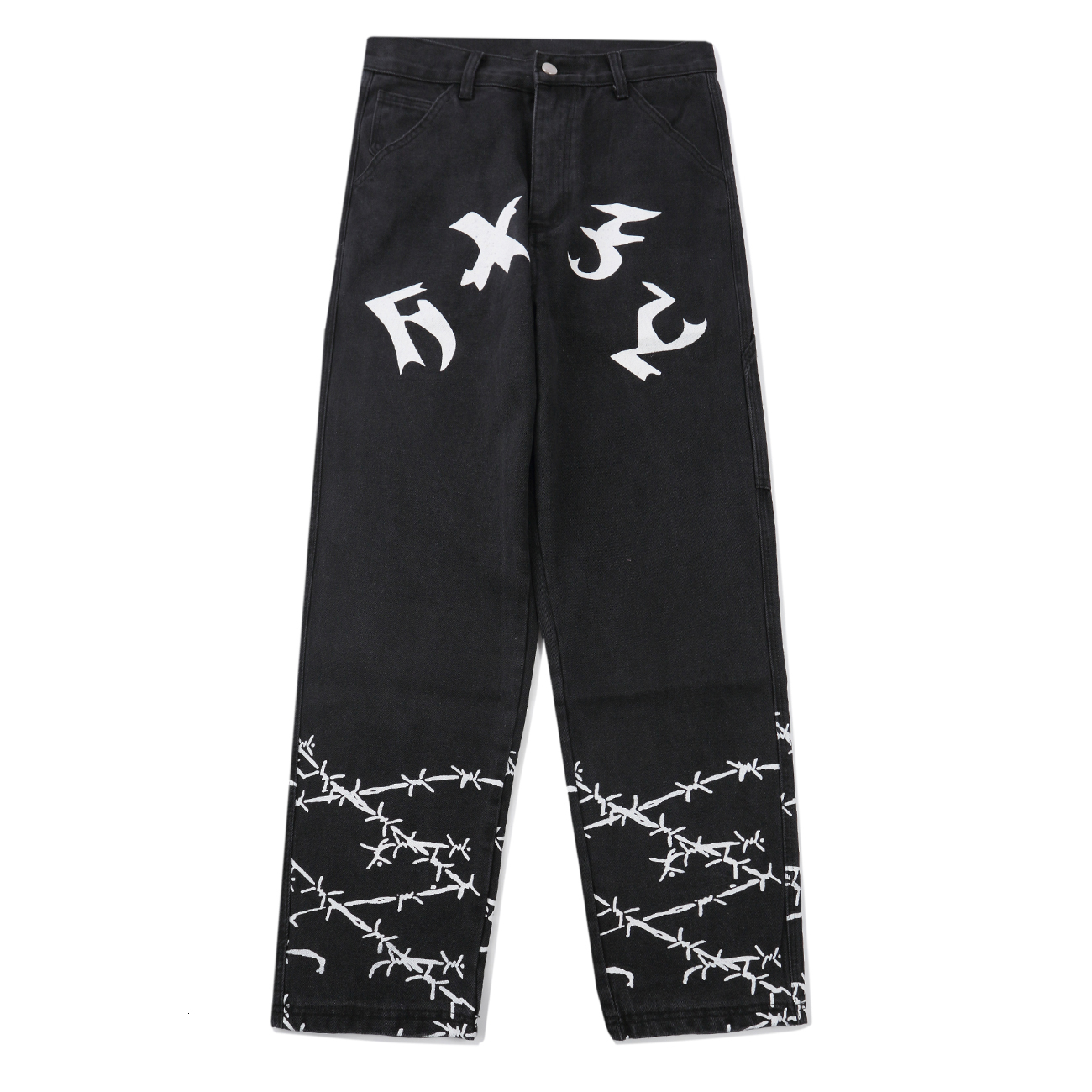 

2021 New Hip Hop Rivet Printed Denim Black Harajuku Straight Baggy Pants Wide Leg Jeans Oversized Loose Joggers Man Trousers 23s2
