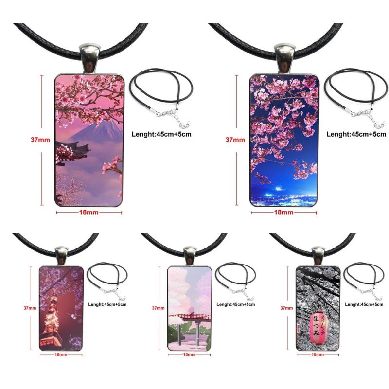 

For Women Men Party Cherry Japan Tokyo Blossoms Painting Glass Cabochon Choker Pendant Rectangle Necklace Steel Color Jewelry