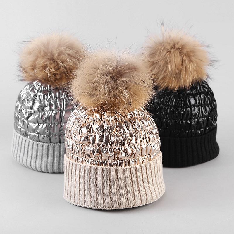 

Winter feather stitching woolen hedging cap female raccoon fur ball knitted hat skiing cold ear protection cap gift for women