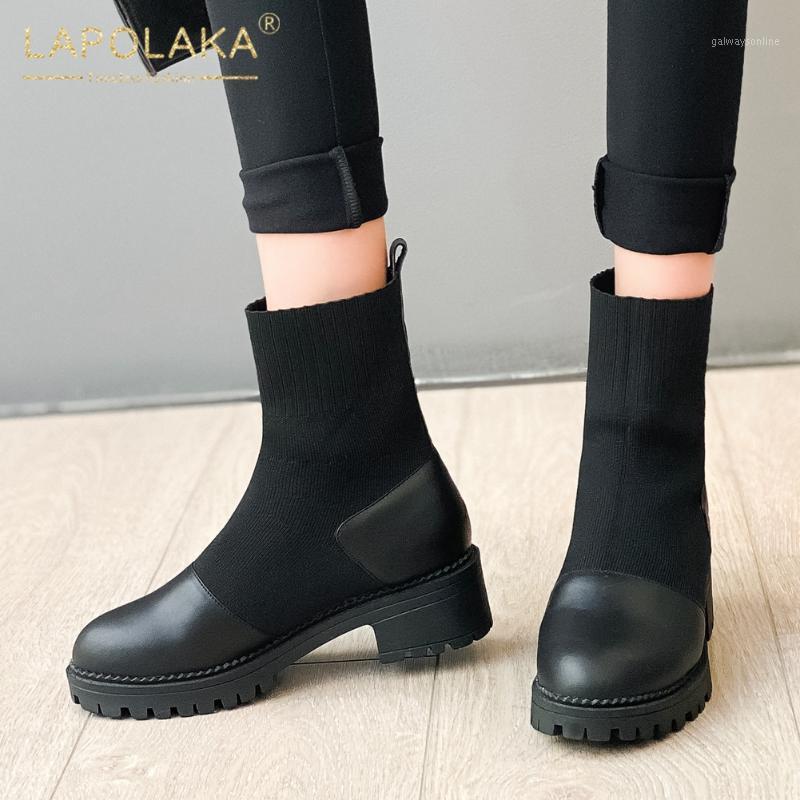 

Lapolaka 2020 New Fashion Genuine Cow Leather Fashion Boots Woman Shoes Warm Plush Slip On Stretch Fabric Autumn Winter Boots1, Black