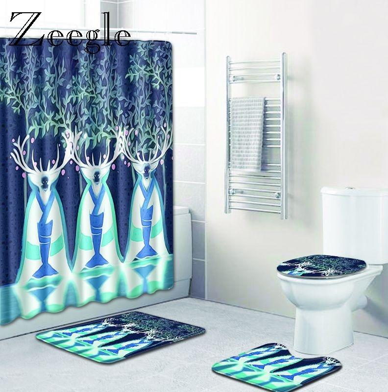 

Bath Mat 4 Piece Set Cartoon Pattern Toilet Cover Foot Pad Non slip Absorbent Bathroom Door Mat Flannel Soft Bath Rug Carpet