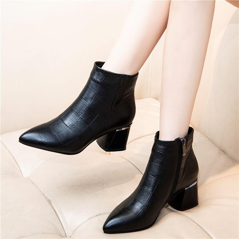 

2020 Winter Women Ankle Boots Black High Heels Dress Shoes Female Pointed Toe boots Chunky Heeled Botas mujer 8319N
