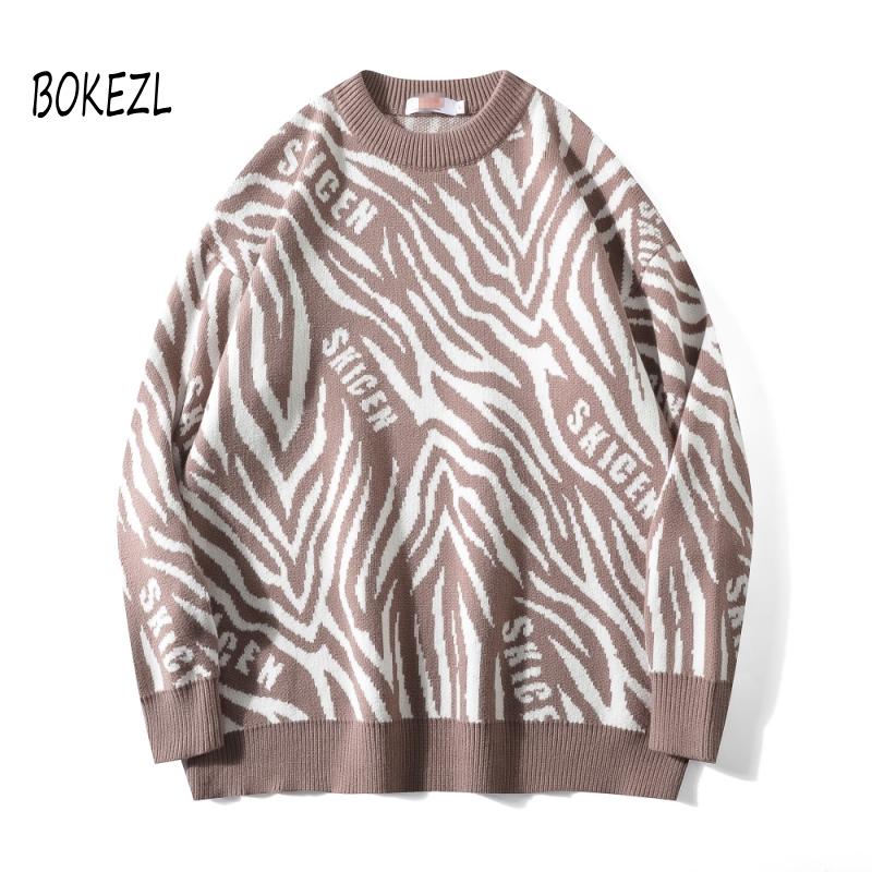 

BOKEZL Sweater Men Zebra Striped Letter Knitted O-neck Pullover Autumn Winter Casual Cozy Retro Simple Harajuku Men Streetwear, Brown