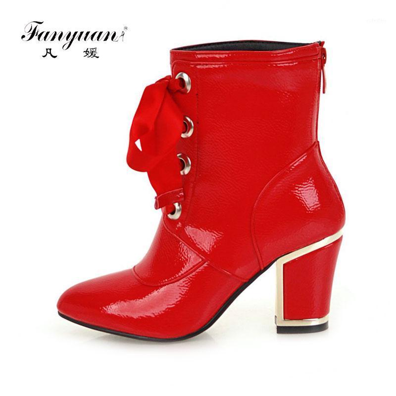 

Fanyuan Sweet Style Zipper Women Boots Riband Cross-tied Mid-calf Boots Winter High Heel Ladies shoes Pointed Toe Riding1, Black