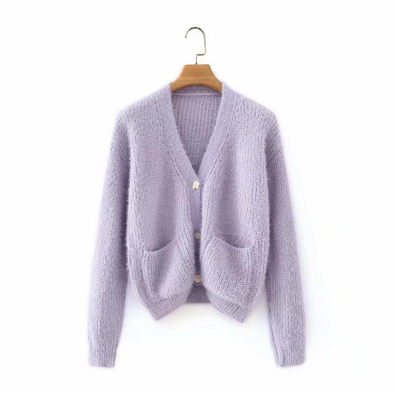 

2020 Spring Autumn European American Women's New Purple Double Pocket V Single-breasted Sweater Sweet Cardigans Acrylic, Picture color