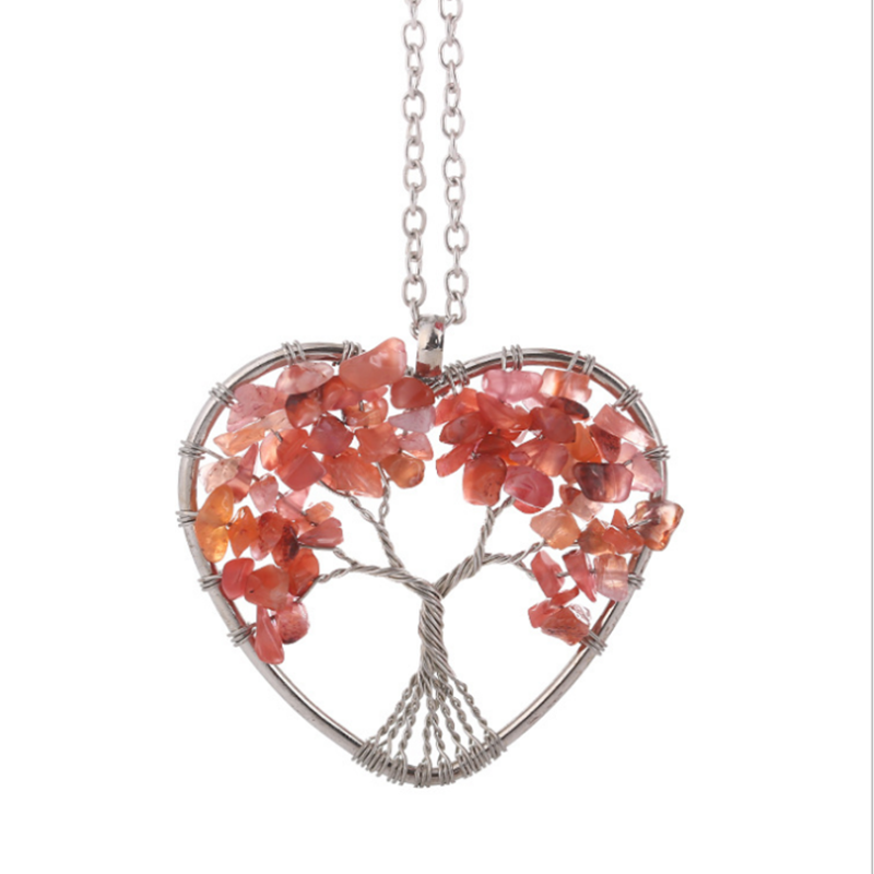 

Silver Plated Wire Wrap Romantic Love Heart Carnelian Pendant Tree of Life Necklace Rainbow Stone Jewelry