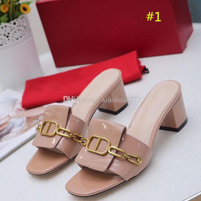

Fashion quality Classic woman Sandals Lady Summer luxury Designer Sandals Metal buckle Leather sexy high heeled shoes Coarse heel5.5cm Half, #1