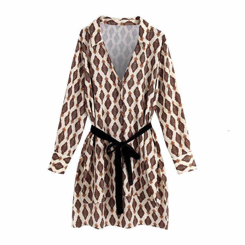 

2021 New Elegantes De Impresso Geomtrica Moda Senhoras Arco Faixas Vestido Vintage Feminino Com Decote Em v Meninas Vestidos Kcin, Brown