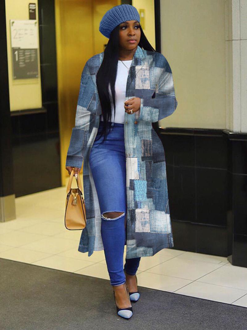 

DPSDE winter 2021 women fashion street casual style dust coat long sleeve lapel single-breasted printed long dust coat, Light blue