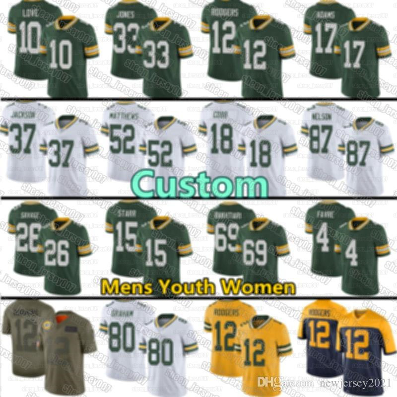 

Green youth Bays jerseys Packers 12 Aaron Rodgers Custom love Aaron Jones Davante Adams Smith Blake Martinez Savage Jr, Custom women (baozhuanggong)