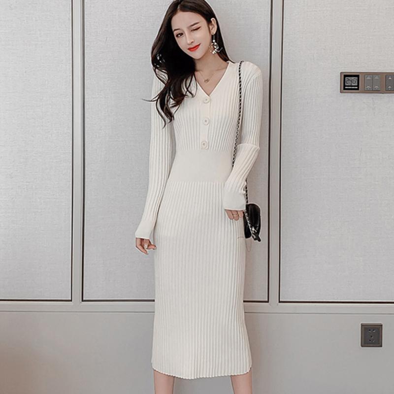 

Vintage Elegant Knitted Sweater Dress Women Fashion Solid Full Sleeve Party Dress Sexy V-Neck Vestidos New Autumn Spring, Photo color